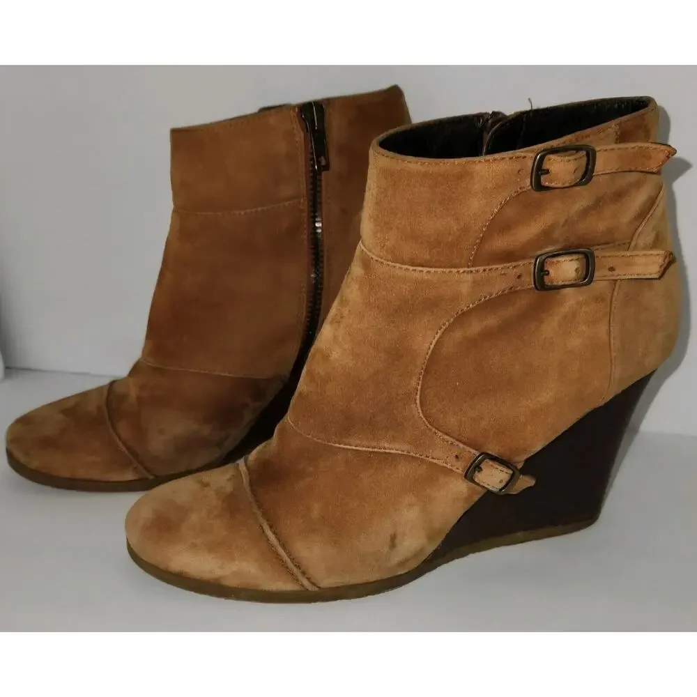 Wedge Ankle Boot Buckle Strap Suede Greer Tan Women's sz 9 J. Crew Gum Sole